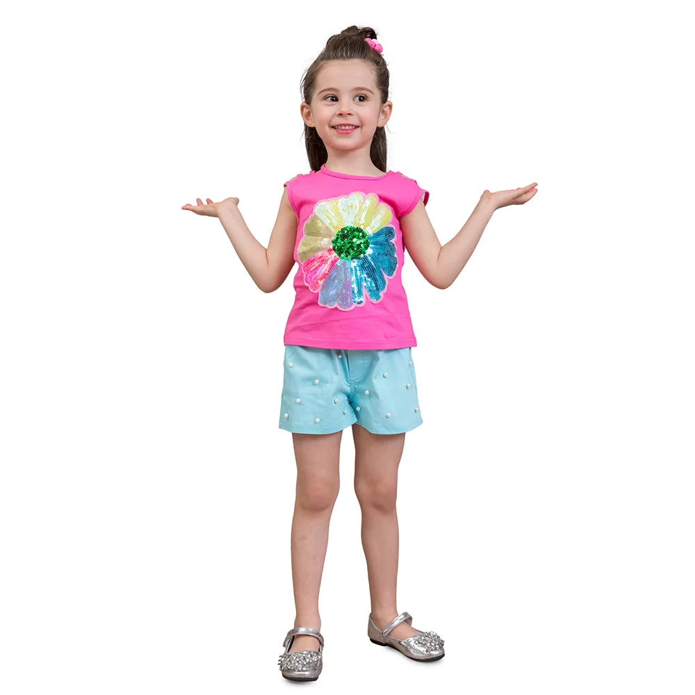 

2Pcs Girls Off Shoulder T-shirts and Beading Short Set Cotton Sequins Flower Kids Fashion Clothing Outfits Summer For 3-8T