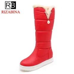 RizaBina Размеры 32-44 женские ботинки на плоской подошве бусинами густой мех женская зимняя обувь круглый носок сапоги мода Теплая женская обувь