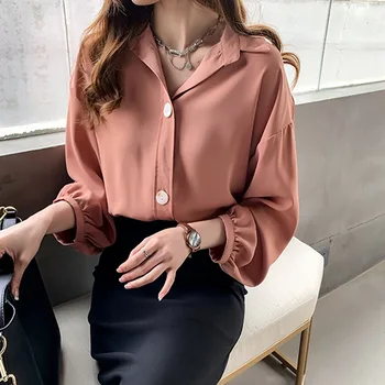 

Chiffon Blouse Women Shirt Full Sleeve Women Office Work Tops Clothes Casual TurnDdown Collar Ladies Slim Shirts