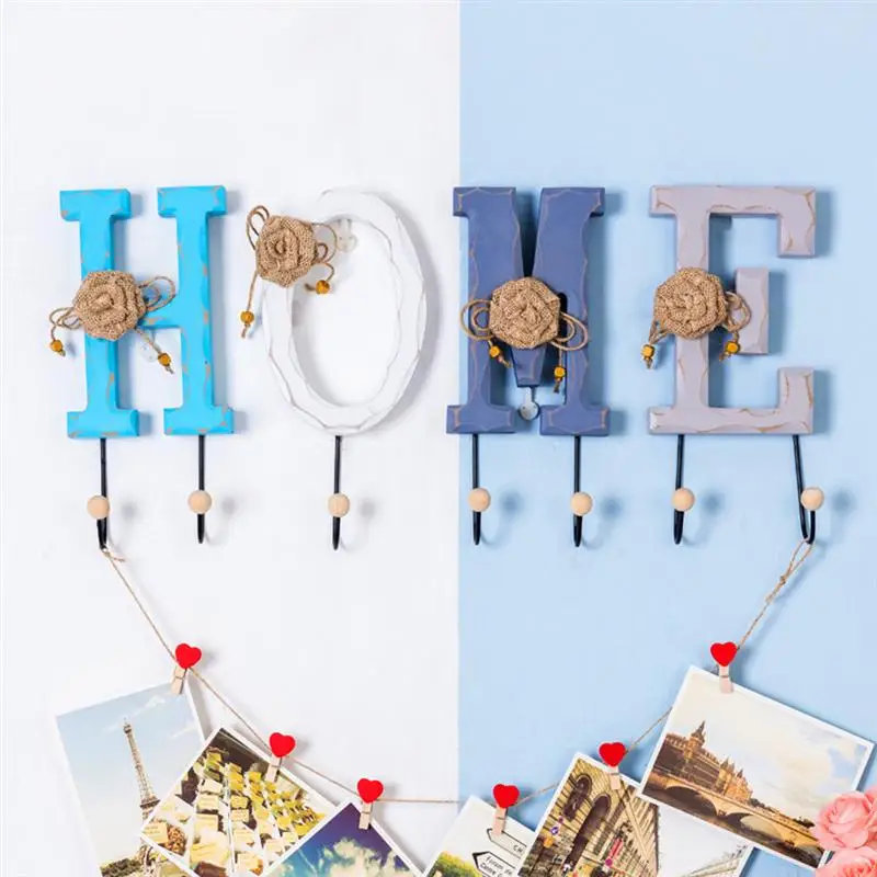 4pcs/Pack Wooden Hook English HOME Letters Coat Hat Hooks Creative Home Decor Wall Furnishing Articles For Wall Hanging