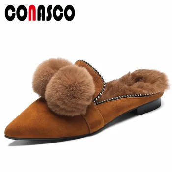 

CONASCO New Retro Cute Women Flats Shoes Warm Autumn Party Wedding Shoes Women Close Toe Fashion Mules Shoes Woman Flats