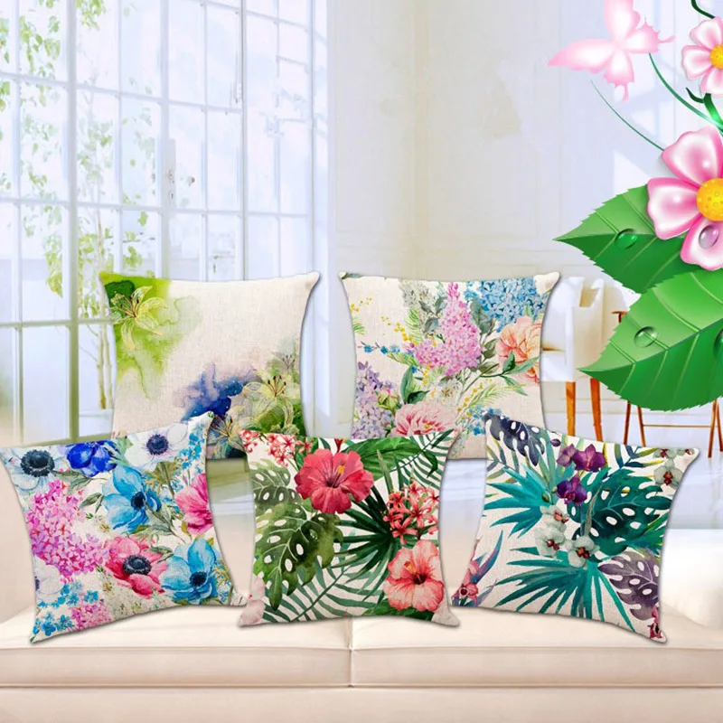 

45x45cm Home Decorative Pillow Almofada Cojines High Quality Linen Cotton Flamingo Parrot Pillow Lily Flowers Birds Cushion 1281