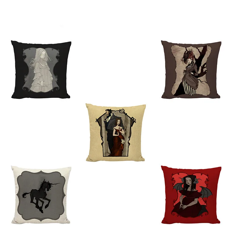 

Lovely Girl Pattern Cushion Cover Beautiful Witch Personality Unicorn Black Cat Crow Skull Letters Simple Style Home Decoration