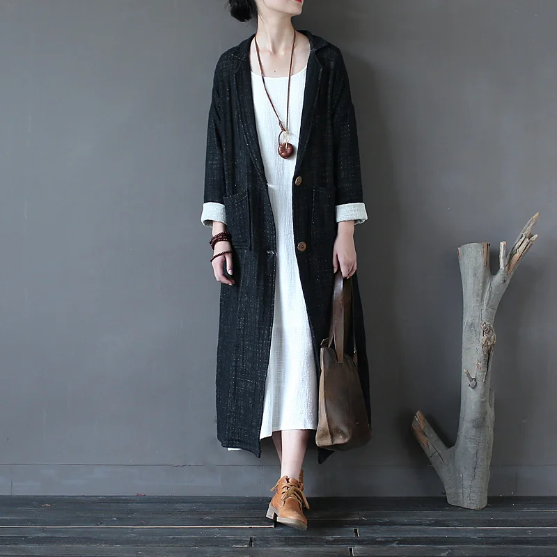 

Women Retro Double thick Coarse Linen Autumn Long Trench Coat Ladies Vintage Single Breasted Loose Rough Hemp Coat Overcoat