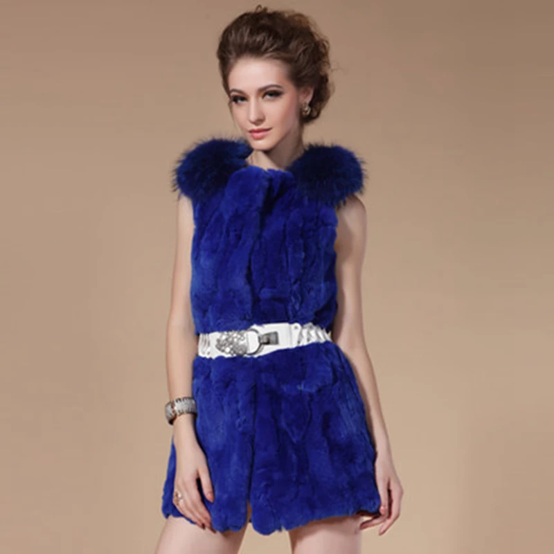 

ZY88023 2016 New Arrival Fashion Ladies Real Rex Rabbit Fur With Raccoon Fur V-Neck Collar Long Fur Winter And Autumn Vest