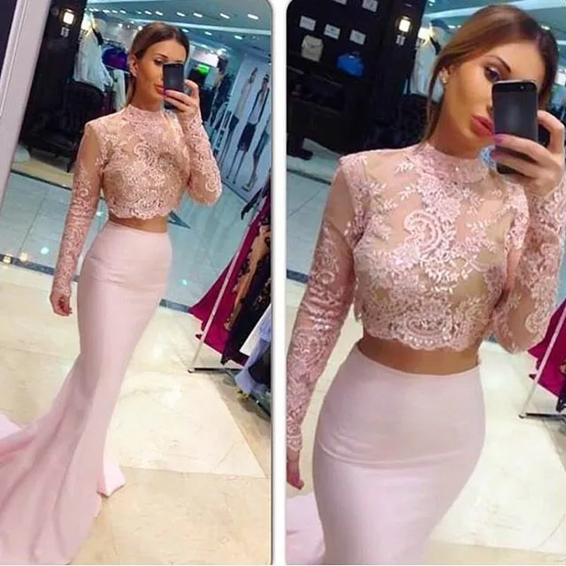 

Blush Pink Two Piece Prom Dresses Long Sleeve 2019 vestidos de fiesta de noche Mermaid Party Dress Formal Evening Gowns