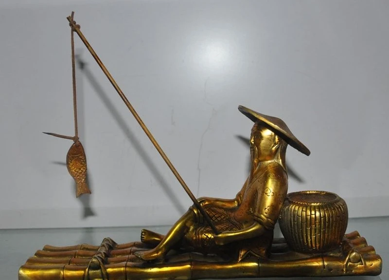 

11" China Bronze Gilt Antiquity Old Man Raft Fishing Basket Sit Statue Sculpture
