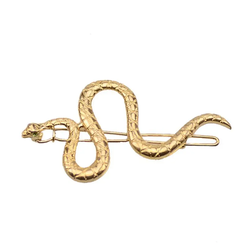 

Women Girl Boho Snake Shape Hair Clips Decor Textured Metal Alloy Hairpins Faux Green Crystal Eyes Modern Jewelry Snap Barrettes