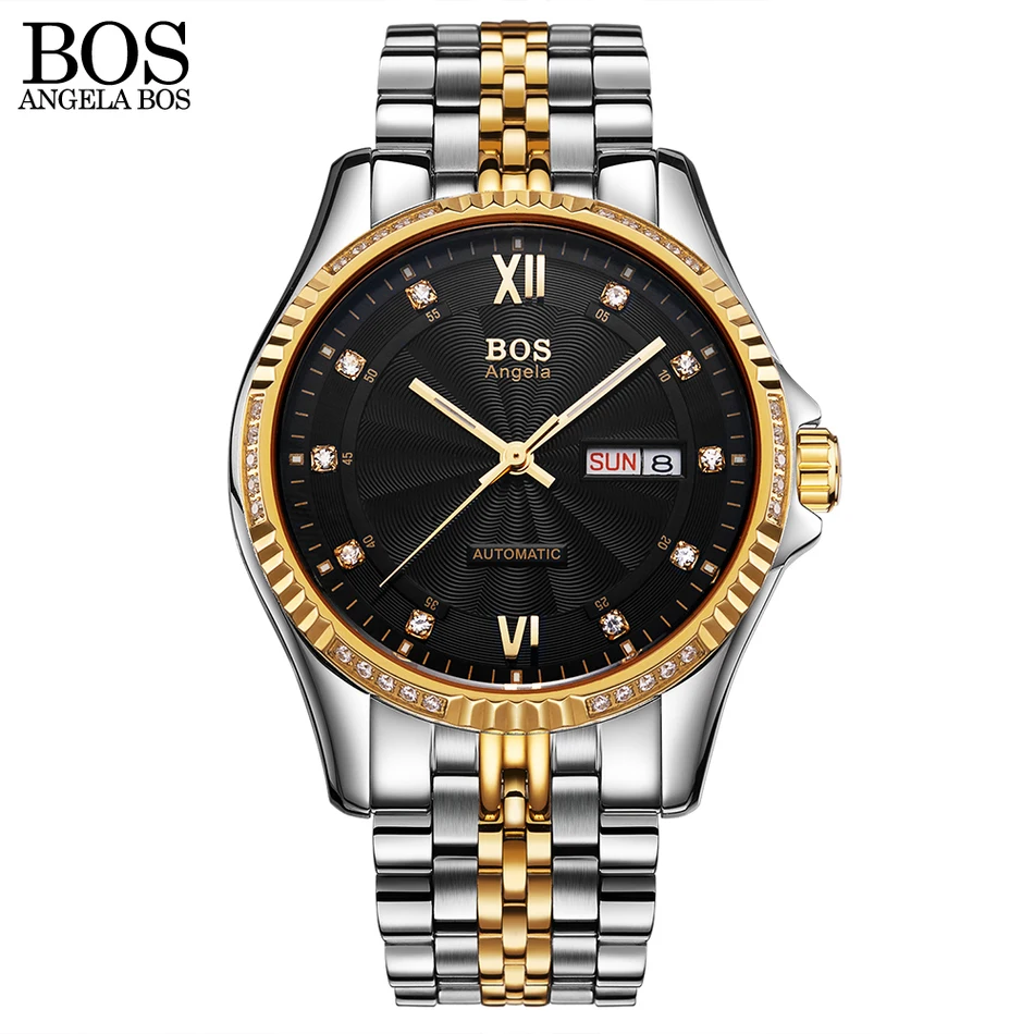 

ANGELA BOS Sapphire Luxury Automatic Mechanical Luminous Calendar Date Waterproof Gold Men Watches Top Brand Men dress watch