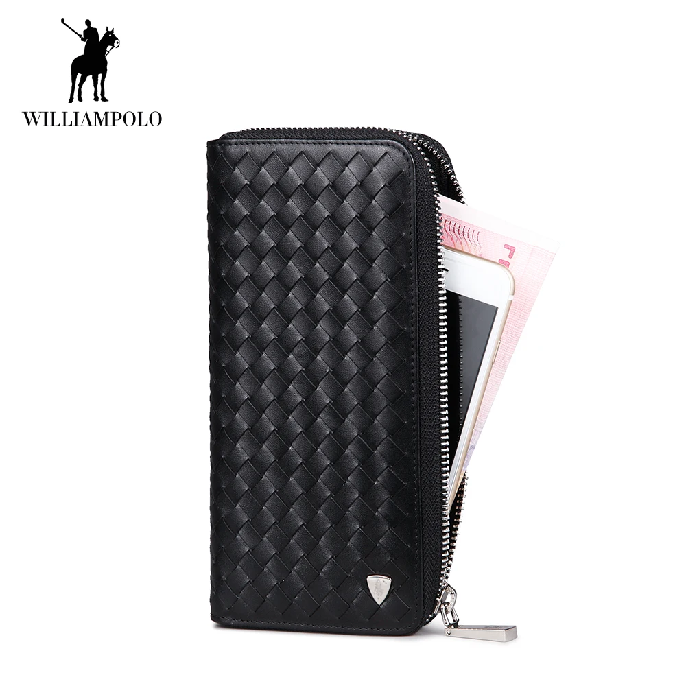 

WilliamPOLO 124 Men Wallet Genuine Leather Woven Pattern Long Bag/Clutch Cowhide Phone Cash Pocket Large Capacity Business
