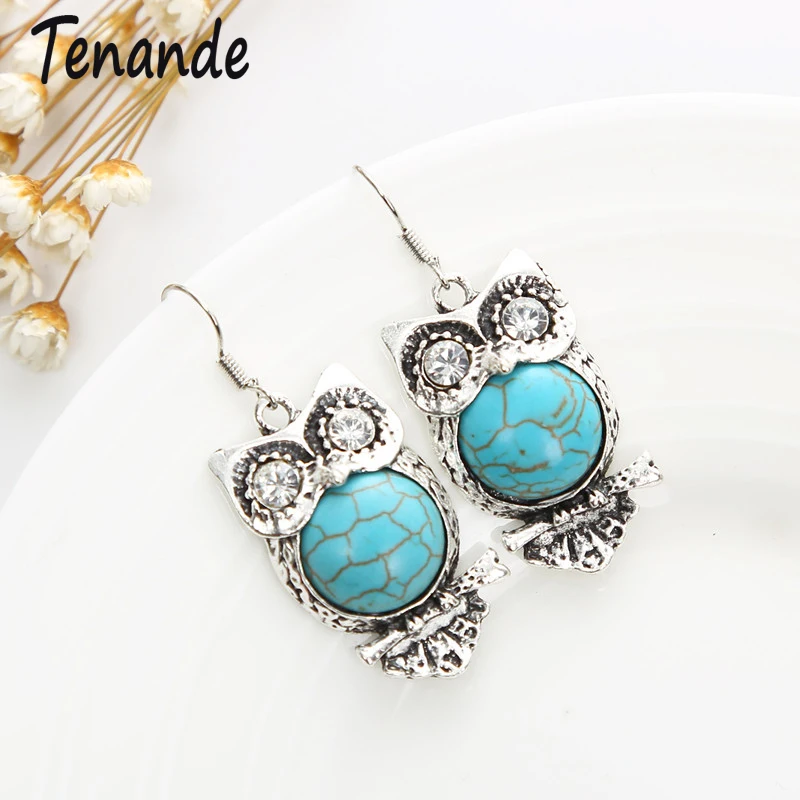 

Tenande Ethnic Bohemian Natural Stone Beads Crystal Owl Dangle Earrings for Women Jewelry Tibet Silver Color Femme Bijoux