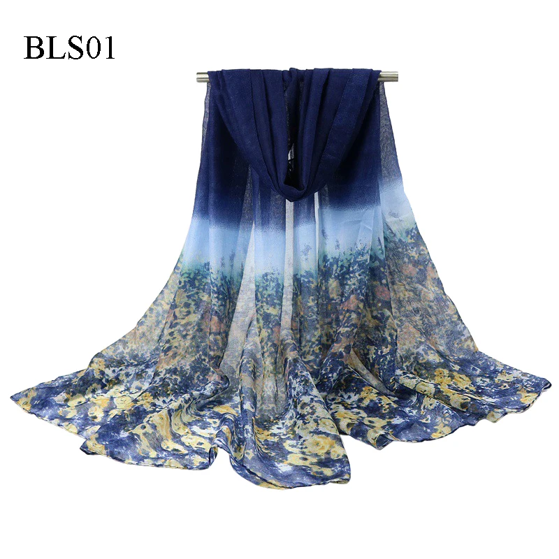 

F&U Fashion Women Scarf Long Soft Flowers Painting Gradient color Wrap Ladies Polyester Scarves Luxury Fashion Shawl In 4 Season