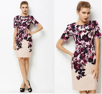 

Summer Dress Women Purple Flower Printed Plus Size dress Office Party Fashion High Quality Lady's Clothing Free Shipping