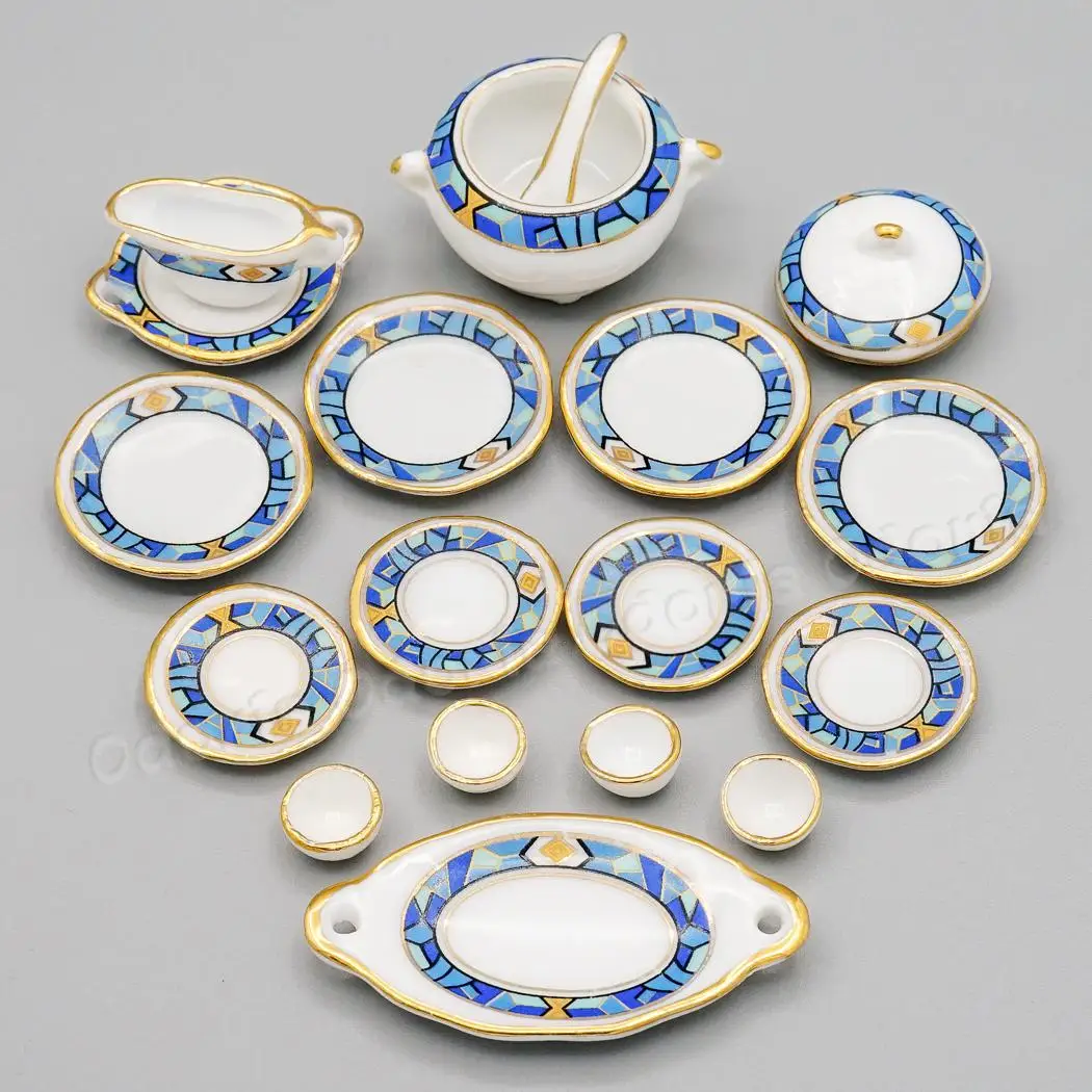 

Odoria 1:12 Miniature 17PCS Tableware Mediterranean Blue with Golden Trim Dinnerware Kit Porcelain Dollhouse Kitchen Accessories