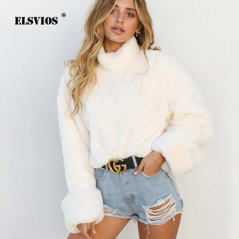 ELSVIOS Women Fleece Soft Comfy White Sweaters Casual Turtleneck Warm Autumn Winter Sweater Long 