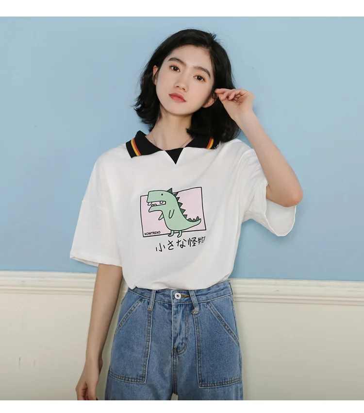 

2019 summer new woman cartoon pattern fresh and lovely short-sleeved loose POLO shirt