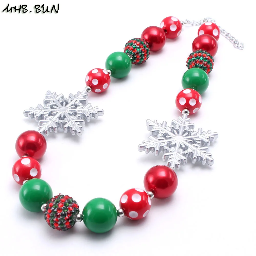 605-1 (2)$5.85-1PC-100g.Kids Girls Christmas Chunky Beads Necklace Fashion Snowflake Children RedGreen Bubblegum Beads Chunky Necklace Jewelry