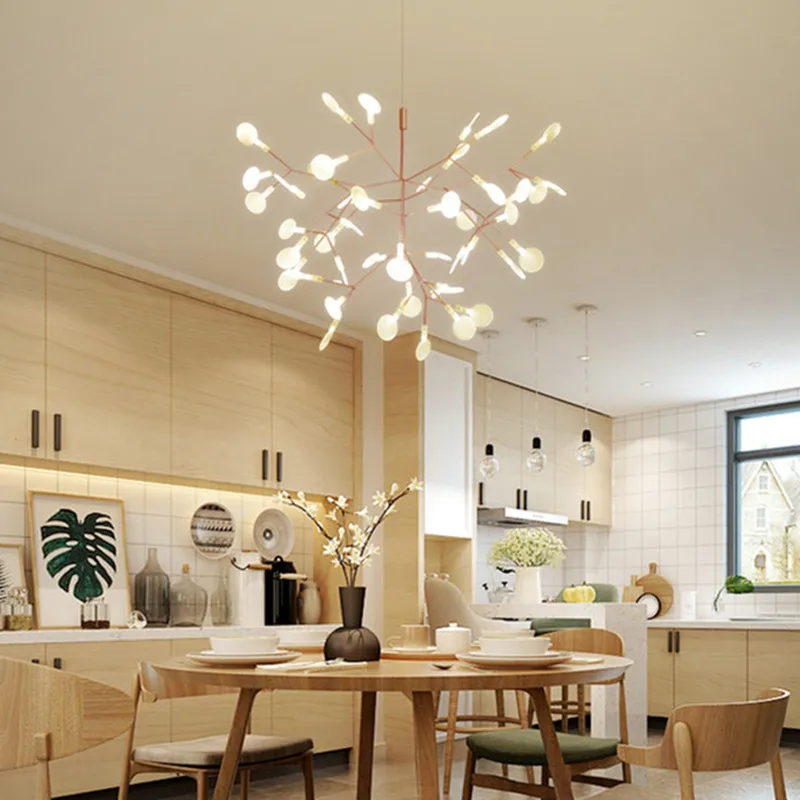 

Nordic Art Minimalist Firefly Chandelier Concise Tree Leaves Coffee Shop Bar LED Hanging Light Fixtures With LED Bulbs