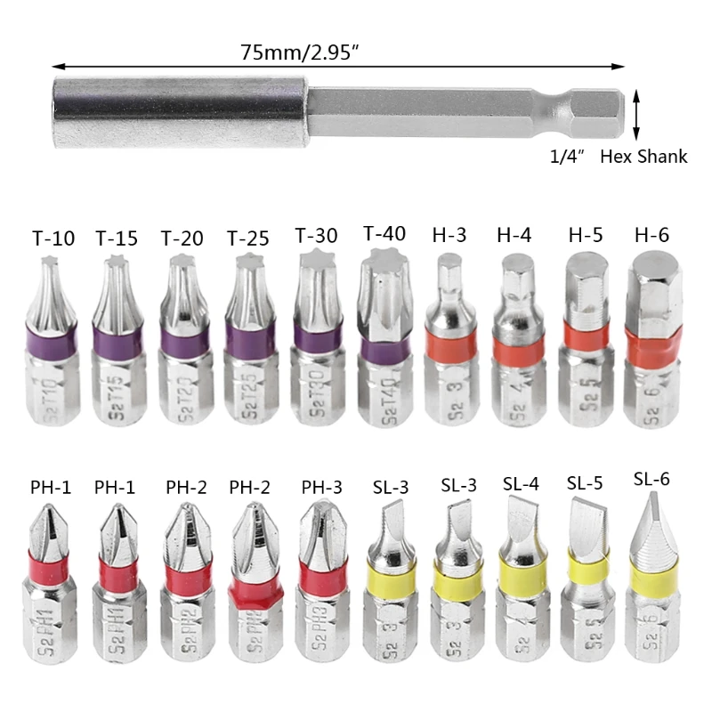 OOTDTY 20 шт. цветная кодовая Отвертка Набор бит головка PH Torx плоский шестигранный с магнитным держателем