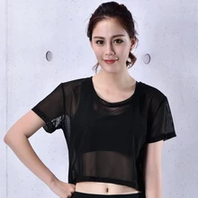 Летние Для женщин сетчатые Йога Топ танец рубашка женские кроссовки майки для фитнеса пикантные черные сапоги тренажерный зал быстросохнущая тренировка, упражнение футболка