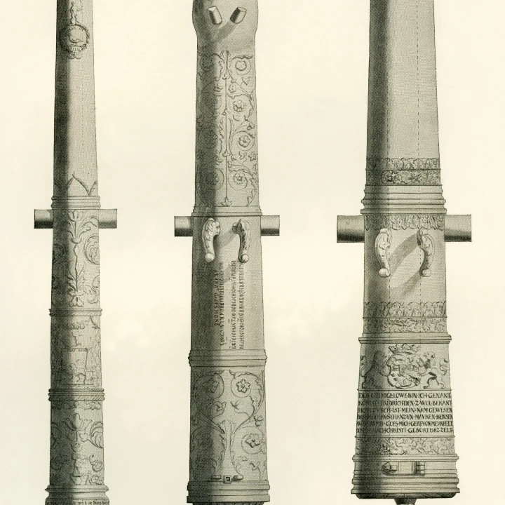 Examples of cannons. From left to right  a German Nachtigall cannon cast in