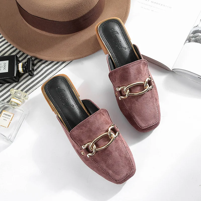 

metal chain decorate square toe mules woman low heel casual all-match slides woman luxury brand shoes slippers woman flip flops