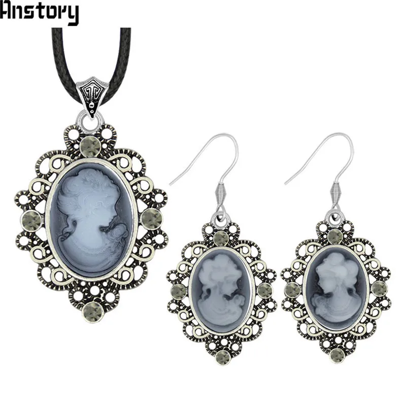 Oval Lady Queen Cameo Crystal Jewelry Set Antique Silver Plated Necklace Earrings Bracelet Fashion Jewelry TS463