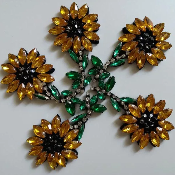 5pcs/lot orange flower Rhinestone beaded patches for Clothing Sew on