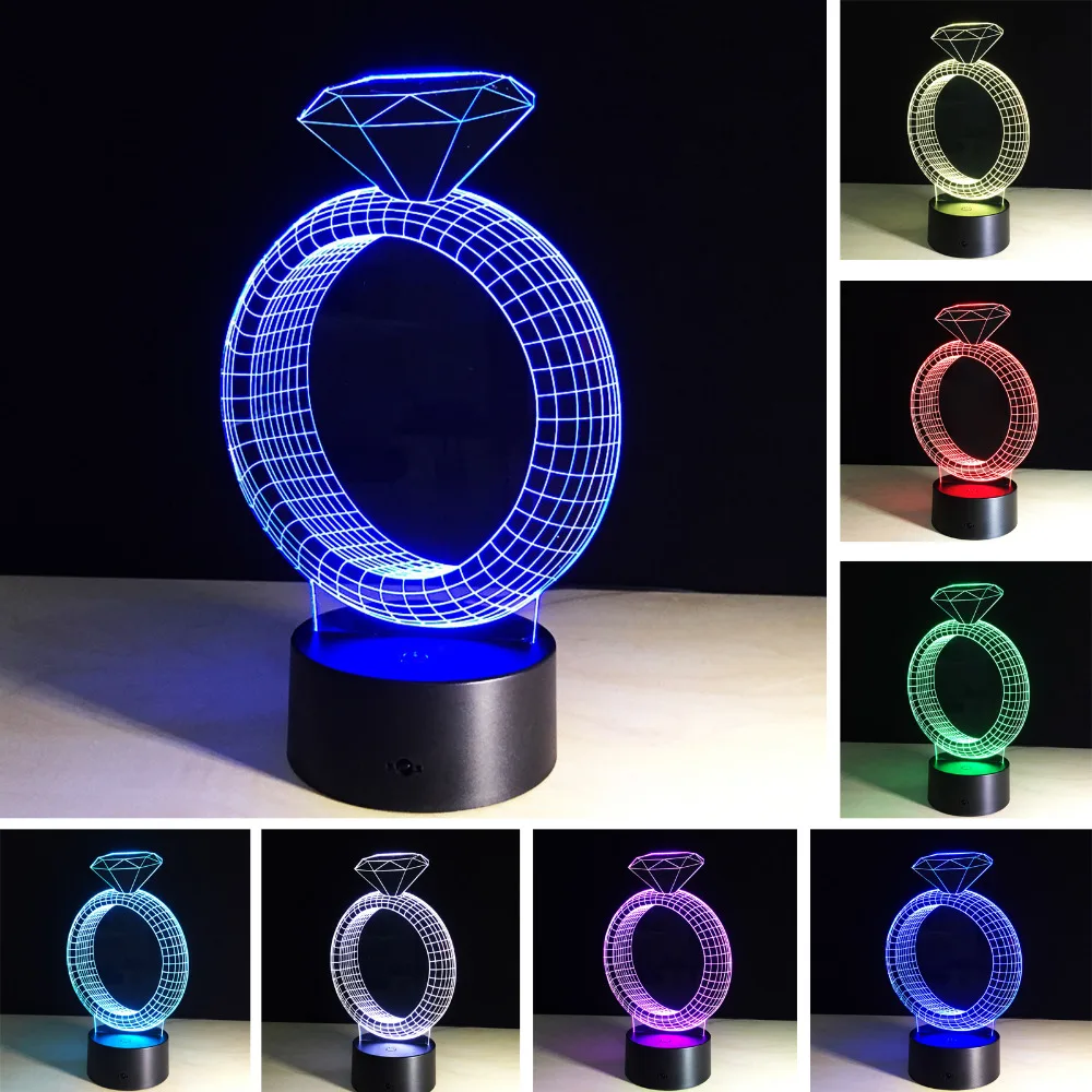 3D Романтический кольцо с бриллиантом творческий 7 цветов Изменение 3D светодиодный ночник RGB настроение свадебный Декор подарок Спальня