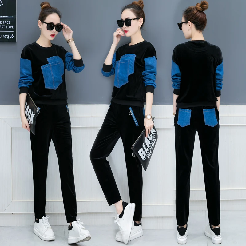 Otoño 2018 nuevo diseño ocio traje suelto de dos piezas casual traje coreano moda denim parche terciopelo buena tela sudaderas pantalones XXL - 4