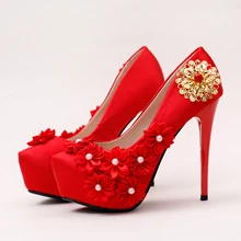 2016 new arrival lace flower bride super waterproof Pearl Wedding Shoes high-heeled shoes women’s shoes red bottom high heels