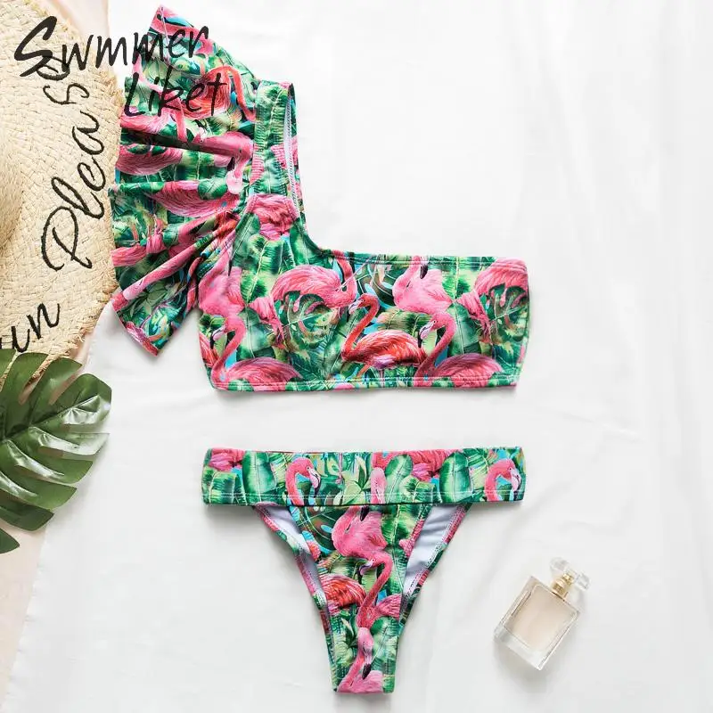 

Flamingo print bikini set Push up woman swimsuit with Ruffle One shoulder swimwear women Fashion Summer beach wear Sexy bathers