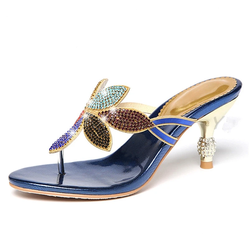 Пляжная обувь; цвет золотой, серебряный; женские сандалии со стразами; дизайнерская Летняя обувь; шлепанцы с кристаллами; шлепанцы; Вьетнамки; XMX-A0017 - Цвет: Синий