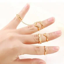 Metal Woman joint ring 6 sets Trendy Leaves Antique Gold-color Chain fashion Jewelry Wholesale Gift