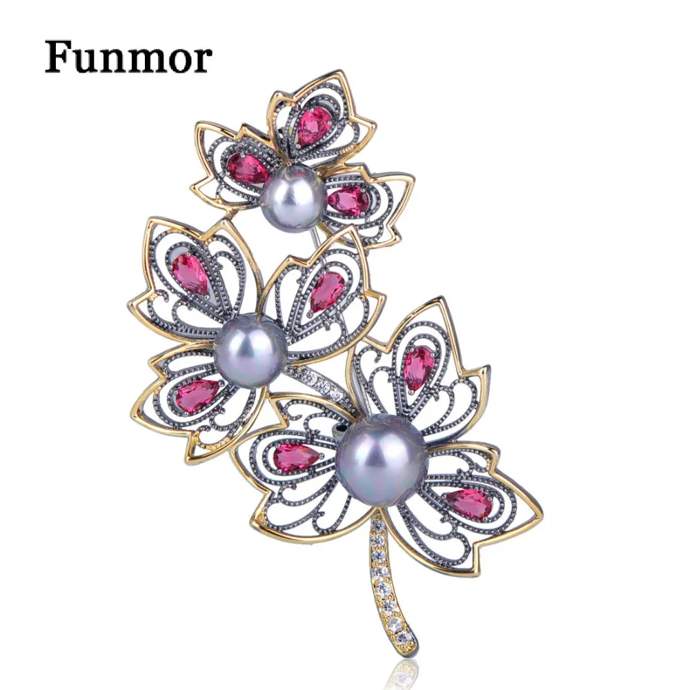 FUNMOR Hollow Pink Zircon Maple Leaf Brooches Two Tones Imitation
