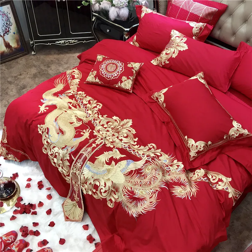 Waliicorners Egyptian Cotton Luxury Embroidery Red Wedding Bedding set Duvet cover Bed Sheets,Silky Ultra soft Queen King size 4/6/9- 30 IMG_1147