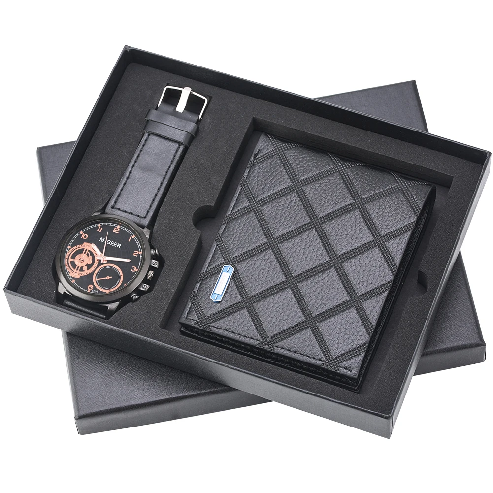 

Quartz Wrist Watch Men Watches Steel/leather Band Business Men Clock Leather Wallet Gift Set for Boyfriend Dad Reloj Masculino