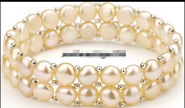 

FREE SHIPPING2 Rows Genuine Pink Pearl 18KWGP Beads Stretchy Bracelet