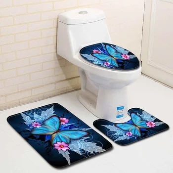 

3pcs/set Butterfly Bathroom Mats Non-Slip Pedestal Rug Lid Toilet Cover Bath Mat Set Print Flannel Polyester Fiber Decor Home