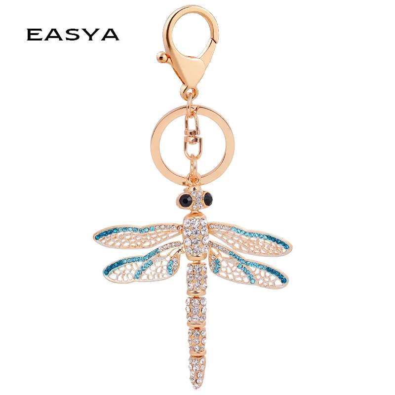 

EASYA Crystal Dragonfly Keychain Rhinestone Animal Blue Pink White Key Chain for Women Bags Charm Car Key Ring Holder CHY-1251