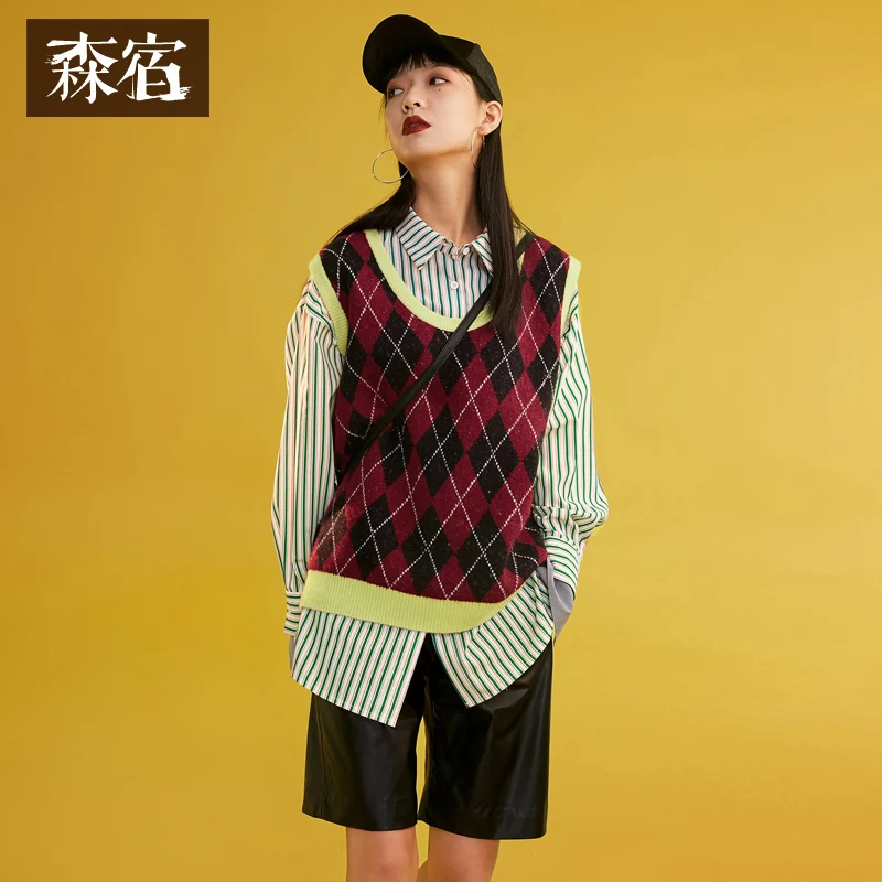 

Knit Vest Loose Woman Sweaters O-Neck Sleeveless Print Pullovers Spring Stylish Office Lady Knitted Pullover New Femme Tops