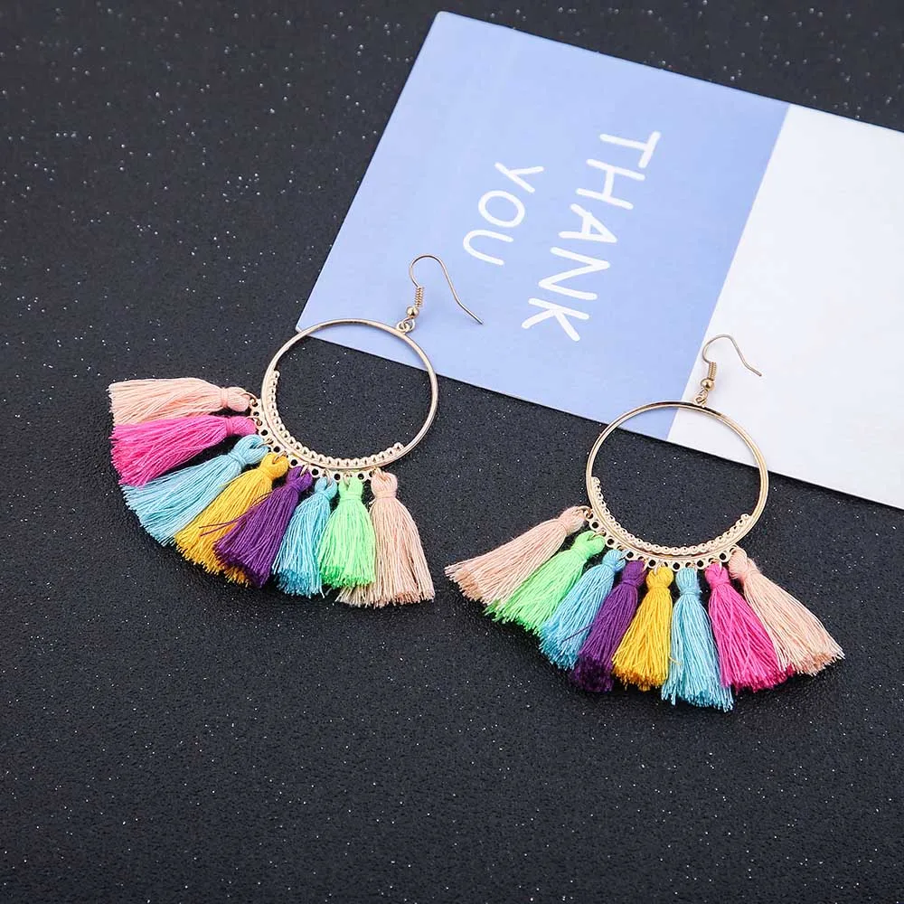 E5659 Trendy Drop Earrings RoundWomenLongBohemianBlueBalckMetalBohoHandmadeGold Tassel Earrings 2018 Jewelry