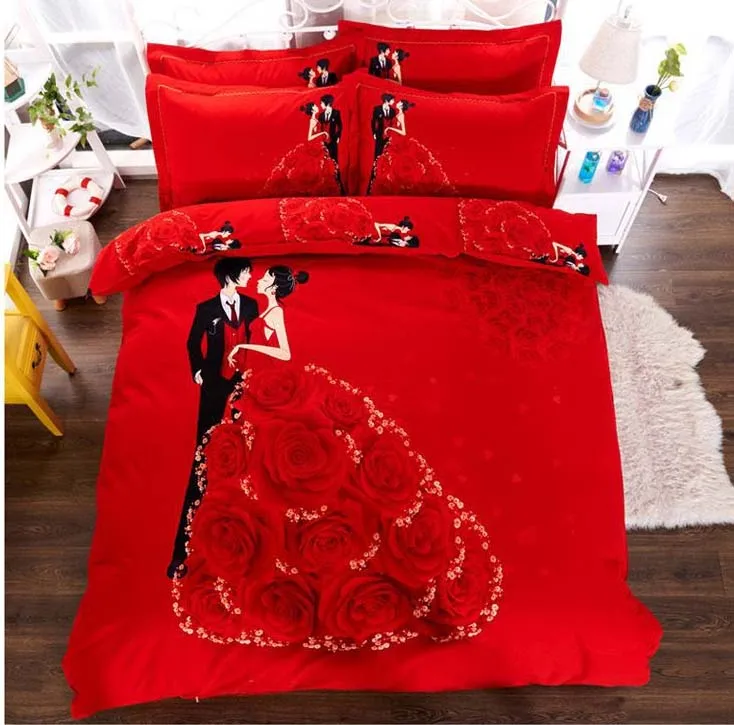 Romantic red 100 cotton full queen size duvet cover+flat sheet