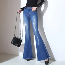 Новое поступление элегантные расклешенные джинсы женщина тонкий Рваные джинсы для Для женщин Tessel синий черный Для женщин s джинсовые штаны плюс Размеры молния