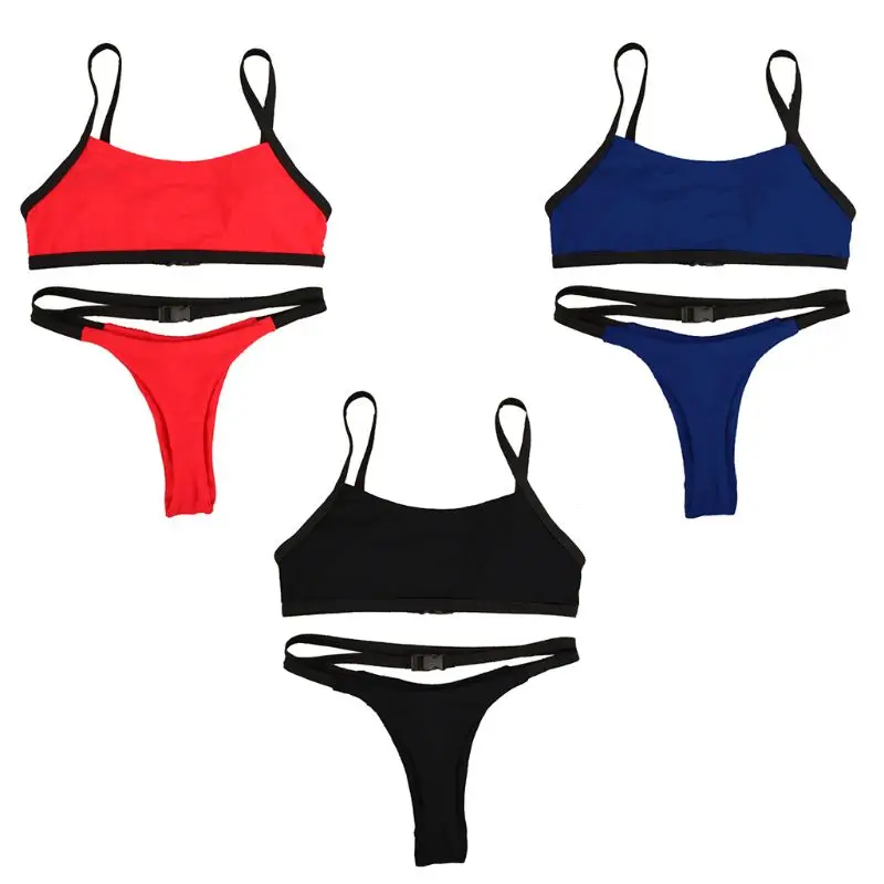 

Women Sexy Two Piece Bikini Set Spaghetti Straps Bra Low Waist Cut Out Thong Solid Color Strappy Bandage Swimsuit With Quick Rel