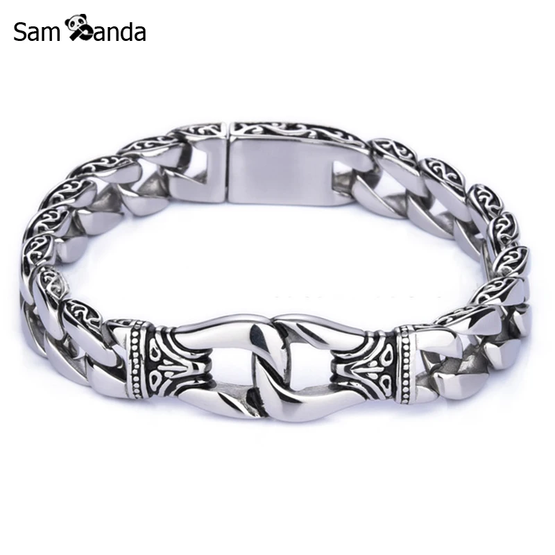 

2018 Men Bracelet 316L Stainless Steel Wristband Biker Mens Jewelry Vintage Totem Curved Edging Curb Cuban Link Chain Wholesale