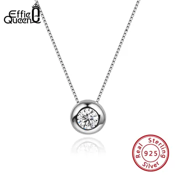 

Effie Queen Real Silver Pendant Necklaces With AAA CZ Round Shape 9mm Pendants Box Chain Wedding Necklaces Female Jewelry BN136