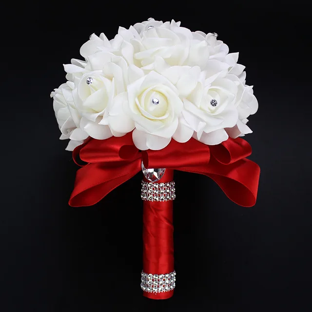 Online Elegant Royal Blue Purple Red Fuchsia Rose Artificial Elegant Royal Blue Purple Red Fuchsia Rose Artificial Bridal Flowers Bride Bouquet Wedding Crystal Silk Ribbon