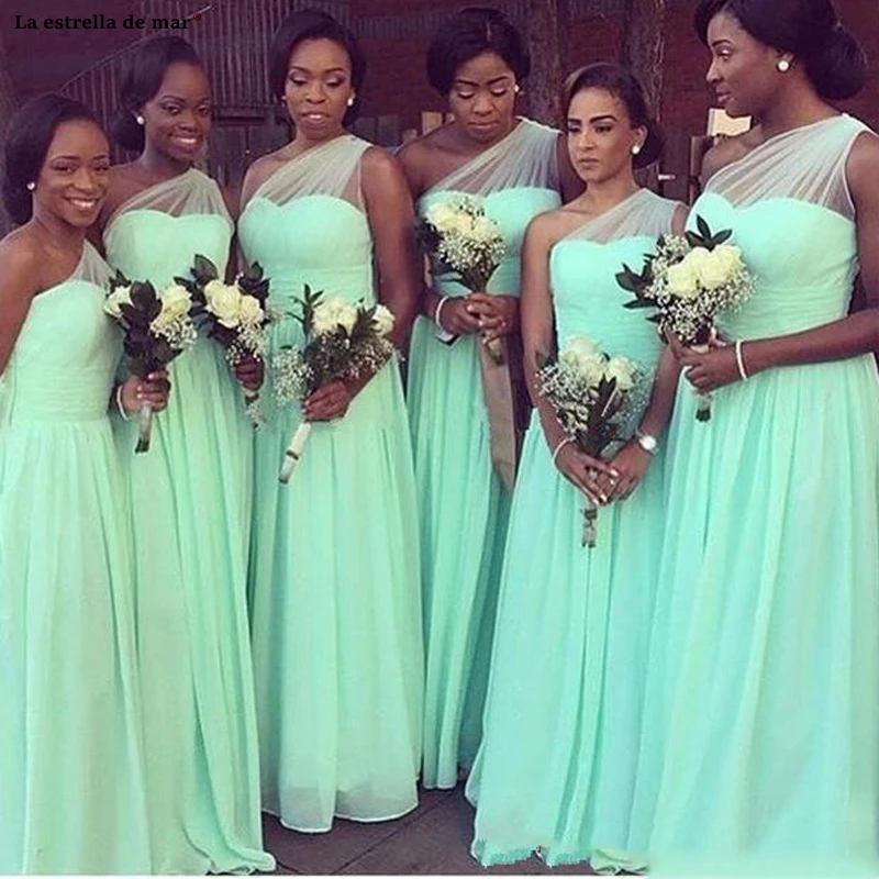 

Vestido madrinha new Nigerian African Black Girls A Line One Shoulder Pleats Chiffon Mint Green Wedding Party Gowns Cheap sukien