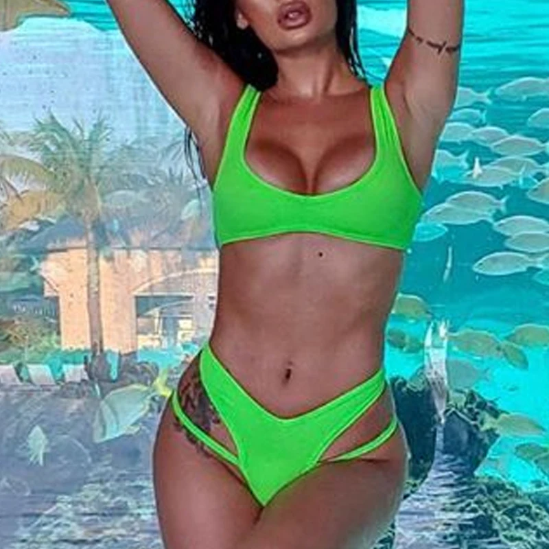 In-X High waist bikini Neon swimsuit female Ribbed swimwear women Bathing suit Sports bikini Beach wear Two-piece suit new
